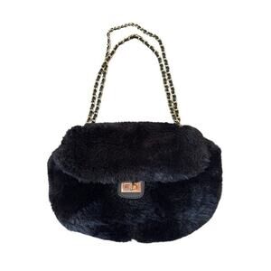 EXPRESSIONS NYC Vegan Fur Flap bag, Black faux Leather & Gold chain Strap
